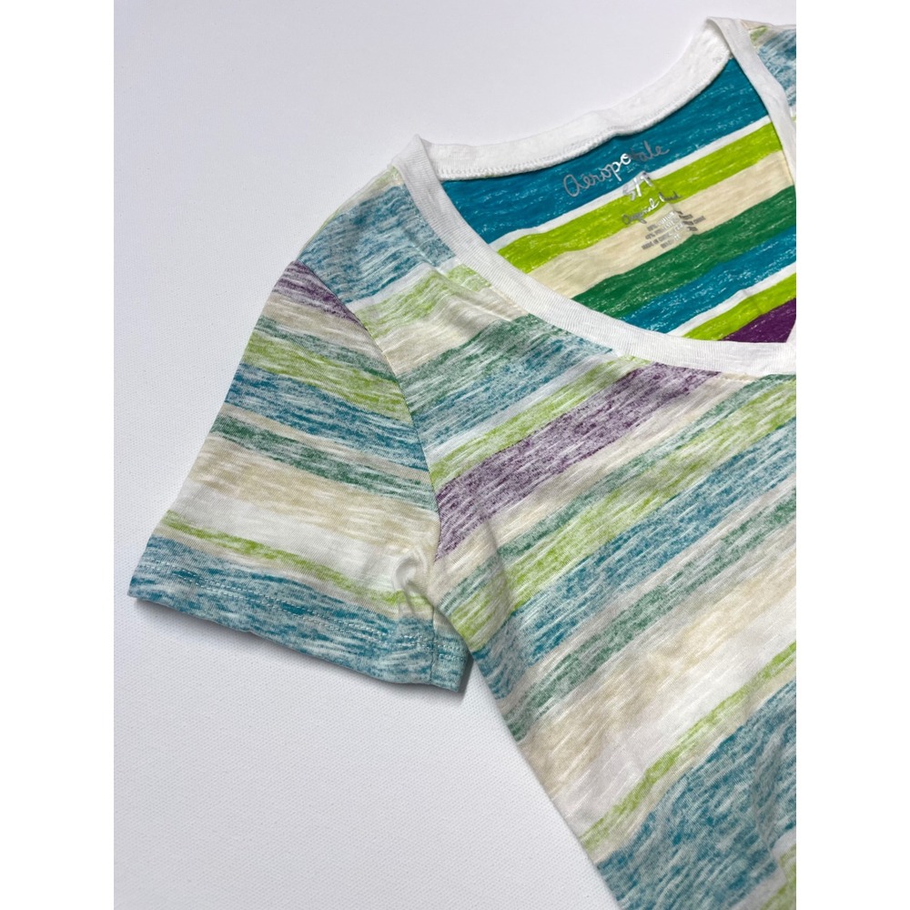 Aeropostale Womens V-Neck Striped Short Sleeve T-Shirt Multi-Color Small 0391